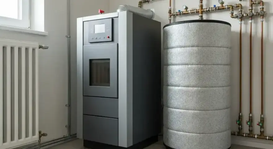 Nowoczesny piec na pellet obok zasobnika, który działa jak bufor ciepła, gromadząc energię do ogrzewania domu.