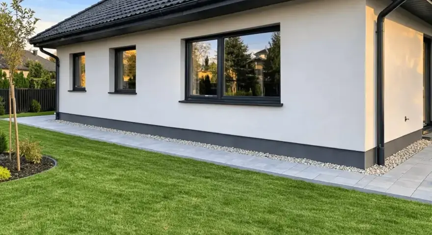 Nowy dom z białym tynkiem i czarnym dachem. Wokół domu ścieżka z płyt i zielona trawa. To najtańsza opaska wokół domu, która dodaje uroku.