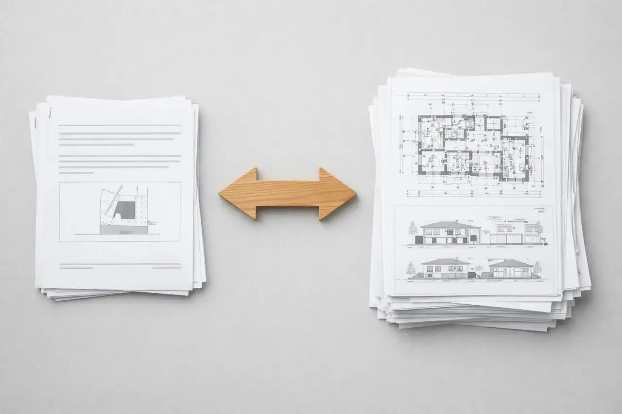 Stos dokumentów z planami architektonicznymi i rysunkami technicznymi, symbolizujący proces uzyskiwania pozwolenia na budowę.