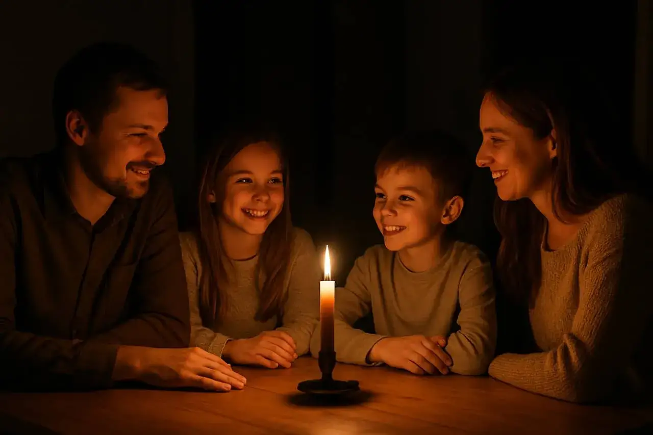 Rodzina przy świecy, śmieje się. Czy to blackout? Co to znaczy? Ciemność nie przeszkadza w dobrym nastroju.