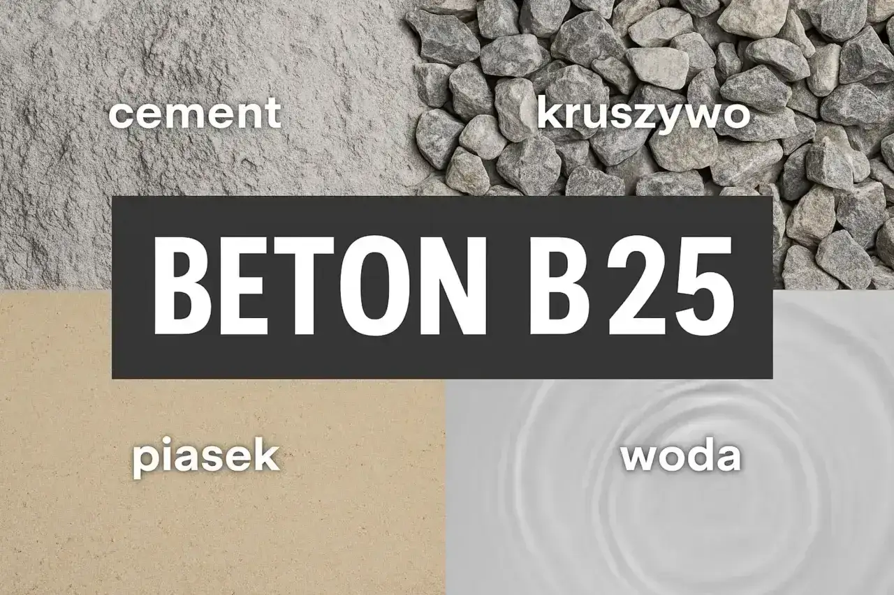 Składniki betonu B25: cement, kruszywo, piasek i woda. Różne rodzaje cementu wpływają na właściwości betonu.