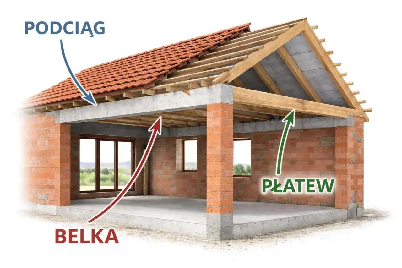 Widok przekroju budynku w budowie. Widoczny strop, belka, podciąg i płatew.