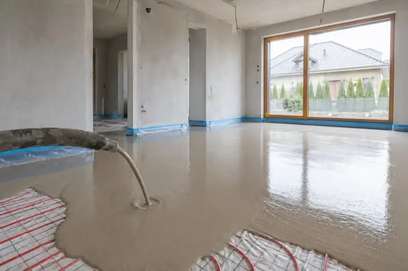 Wylewka anhydrytowa czy cementowa? Wylewanie płynnej masy na ogrzewanie podłogowe w nowym domu.