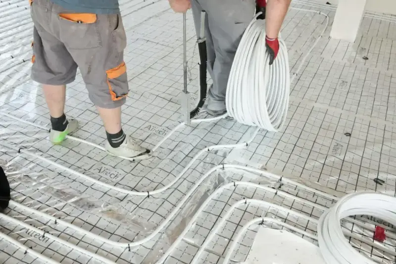 Pracownicy przygotowują wylanie posadzki z ogrzewaniem podłogowym. Układają białe rurki na siatce izolacyjnej.