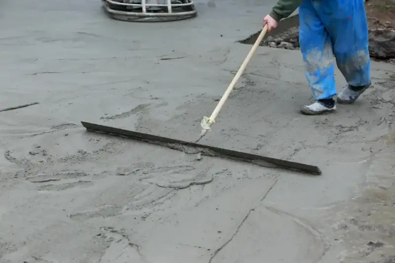 Pracownik w niebieskich spodniach wykonuje protokół wygrzewania posadzki, wygładzając świeży beton długą łopatą.
